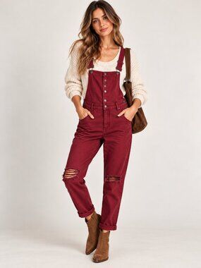 American Bazi Burgundy Denim Overalls L Y2K Grunge Distressed 90s